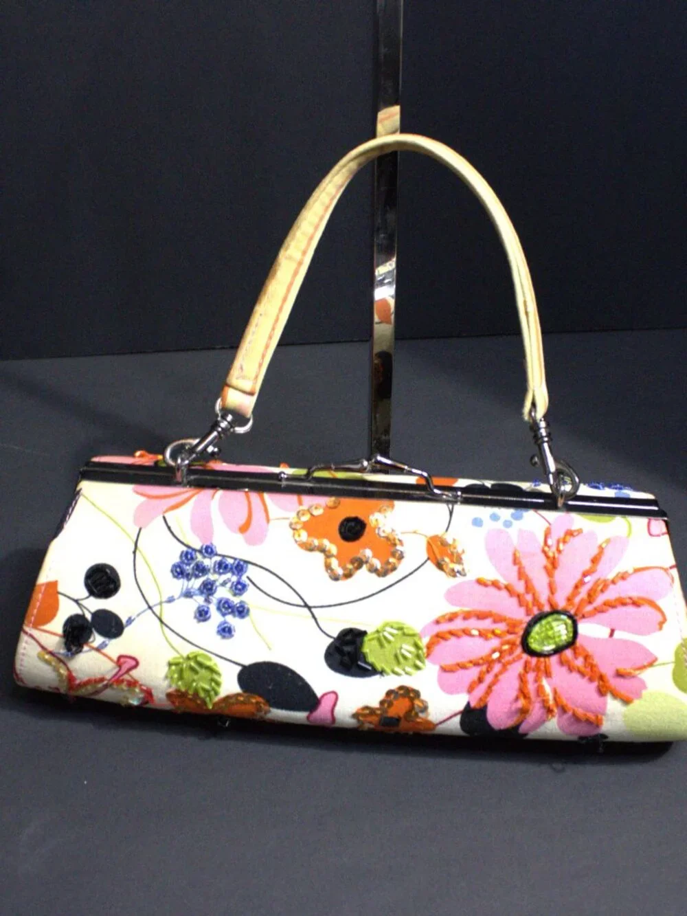 Far Nine, Floral Multicolor with Sequins, Clutch/Handbag, Silver Hardware